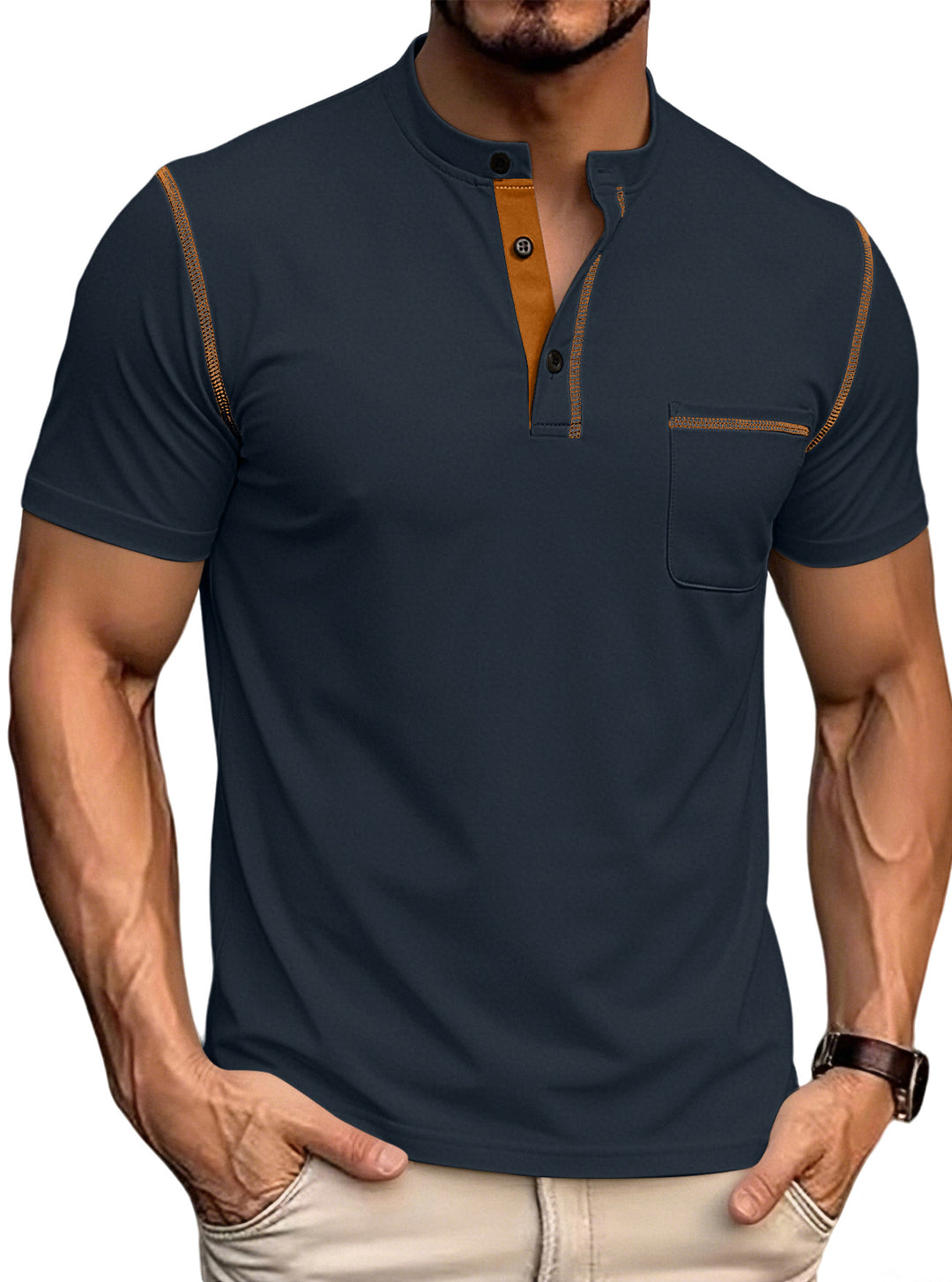 Men's short-sleeved polo shirt with stand-up collar button placket chest pocket made of elastic cotton blend StylebySassy
