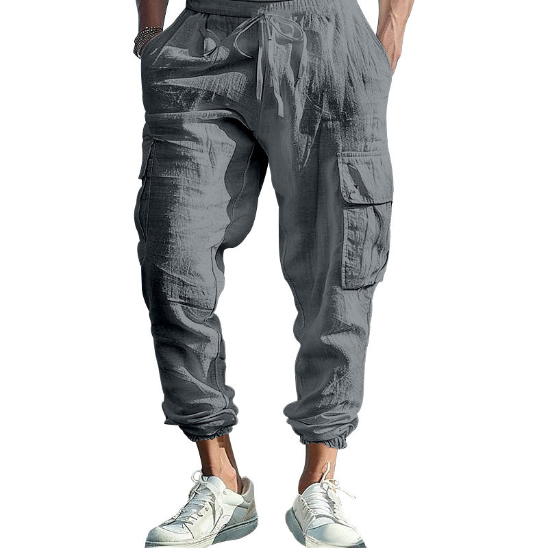 Men's Casual Linen Cargo Joggers with Drawstring Waist, Large Flap Pockets and Elastic Ankle Cuffs StylebySassy