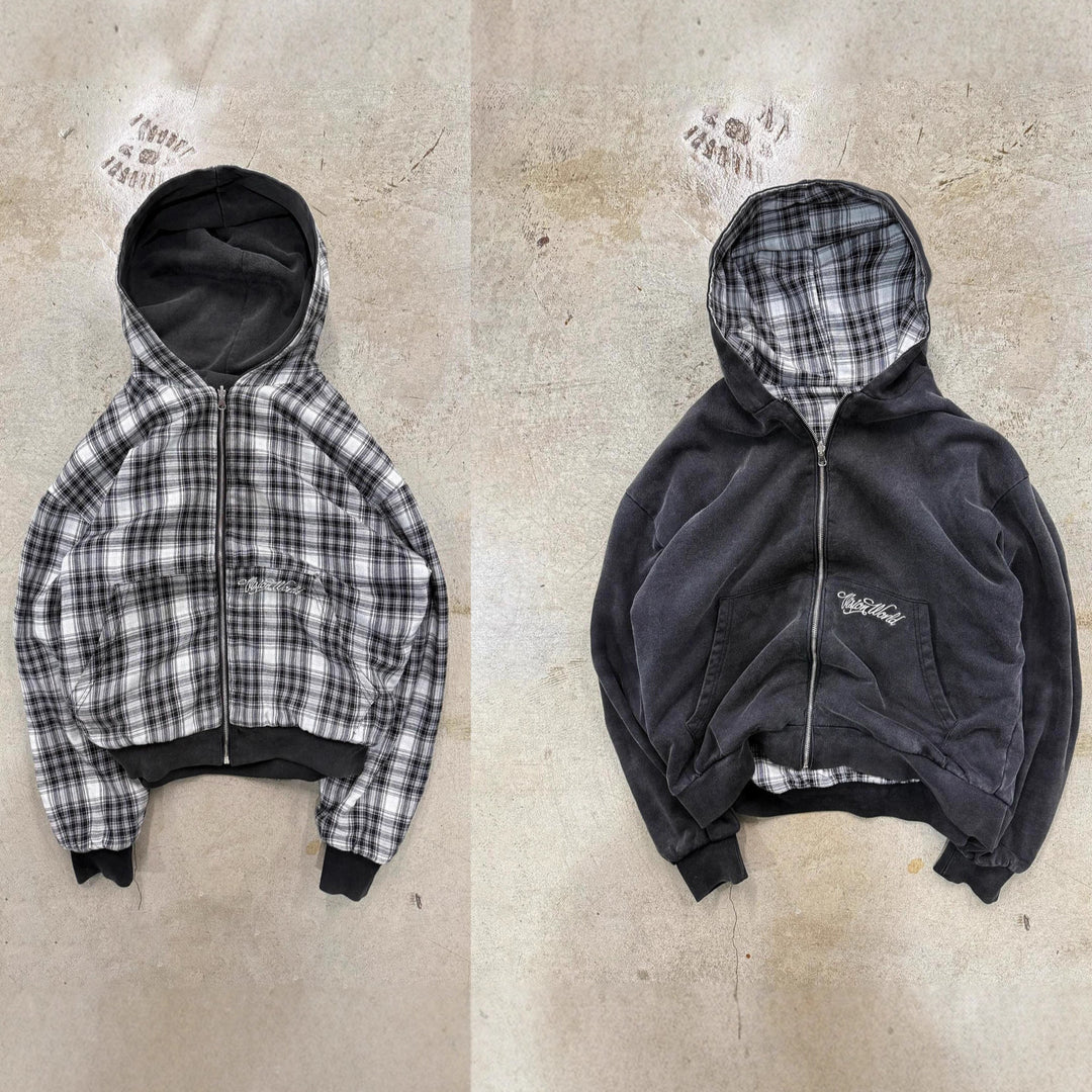 Unisex nan reversible hoodie jacket with checked lining, full zip and kangaroo pocket StylebySassy