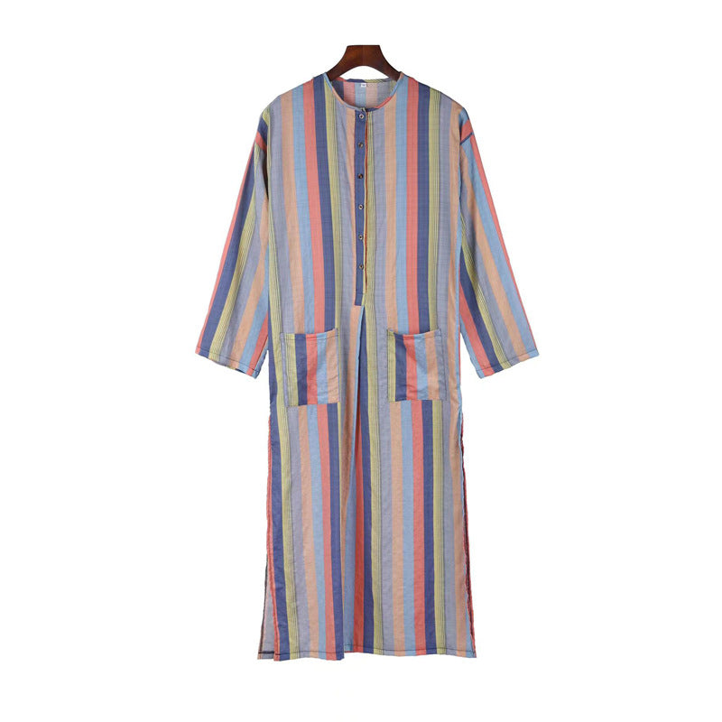 Men's ankle-length striped linen blend kaftan with stand-up collar and patch waist pockets StylebySassy