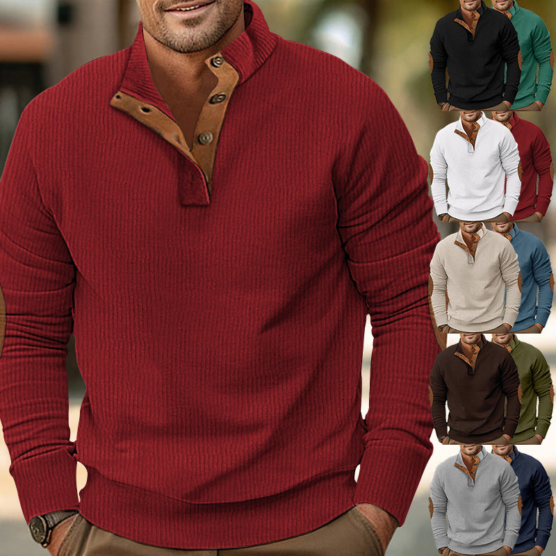 Men's ribbed stand-up collar knit sweater with concealed button placket and faux leather elbow patches StylebySassy