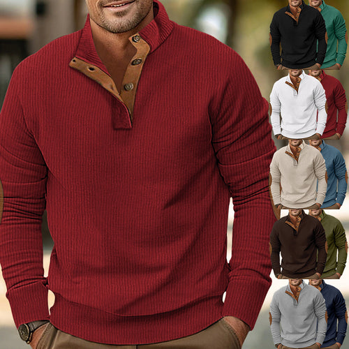 Men's ribbed stand-up collar knit sweater with concealed button placket and faux leather elbow patches StylebySassy
