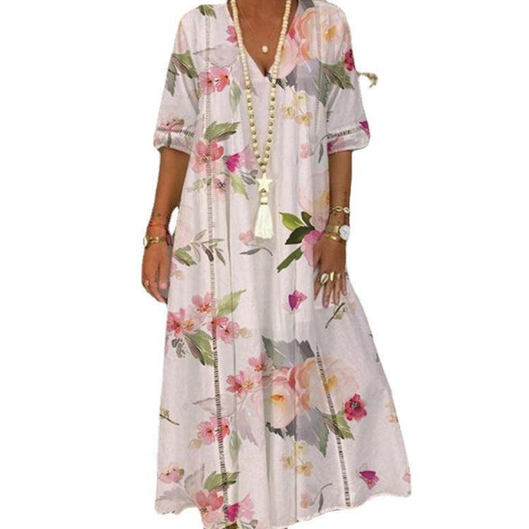 Ladies nan locker flowing Kaftan midimax dress with V-neck, openwork panels and lightweight linen blend quality StylebySassy