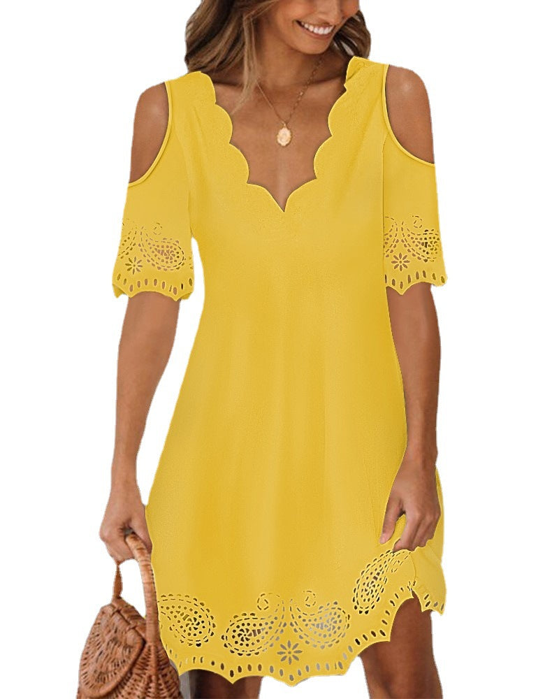 Ladies light A-line summer dress with shoulder openings, curved V-neckline and laser-cut lace trim StylebySassy