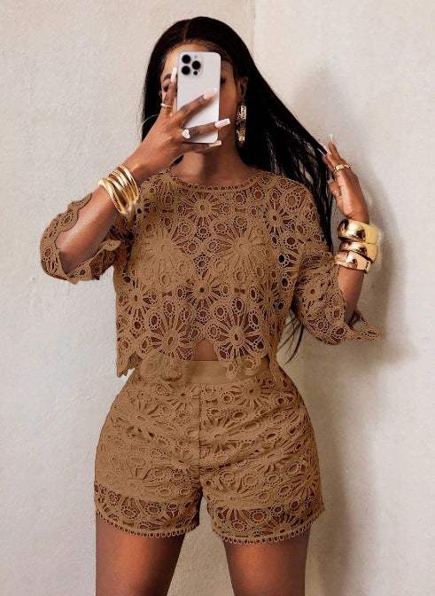 Women's crocheted two-piece set with crop top and high-waisted shorts StylebySassy