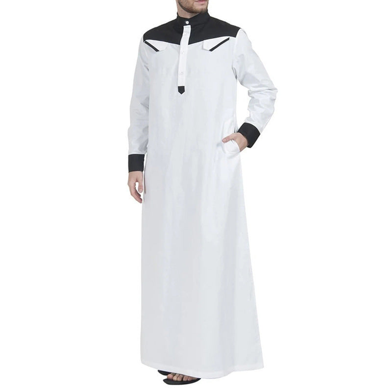Men's long thobe with contrasting shoulder yoke, stand collar, and side pockets StylebySassy