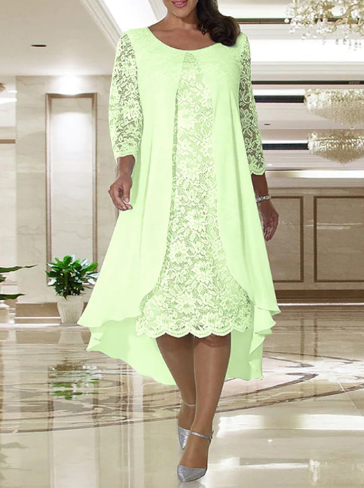 Ladies' elegant chiffon lace dress with high-low overlay and three-quarter sleeves StylebySassy