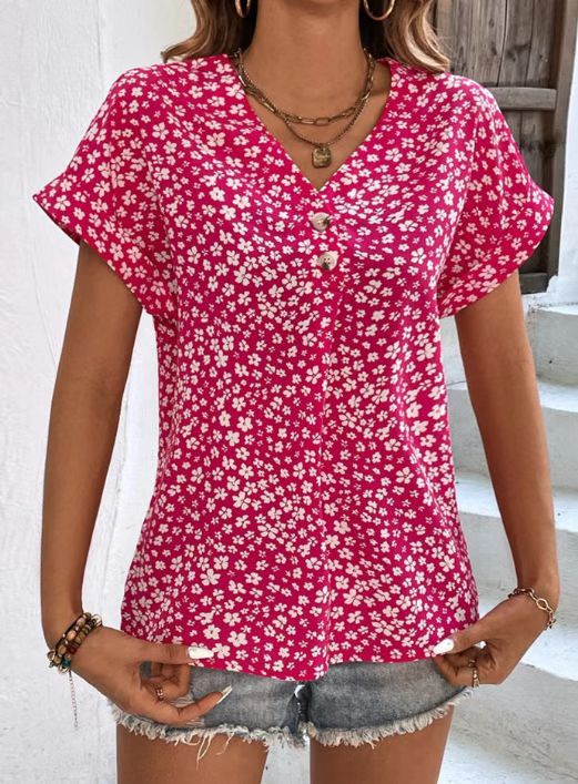 Women's lightweight viscose short sleeve blouse with V-neck, heart decorative button placket and casual hip length StylebySassy