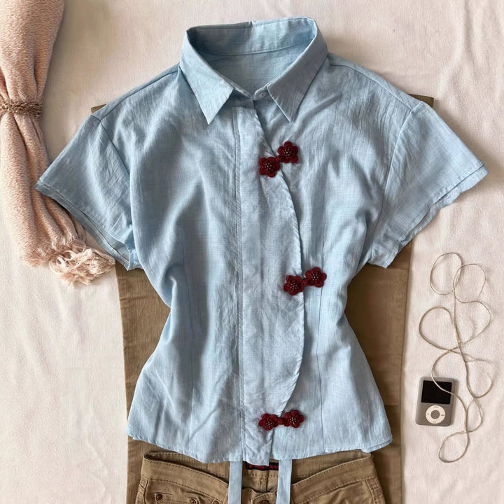 Women’s Stylish Short Sleeve Shirt with Floral Accents StylebySassy