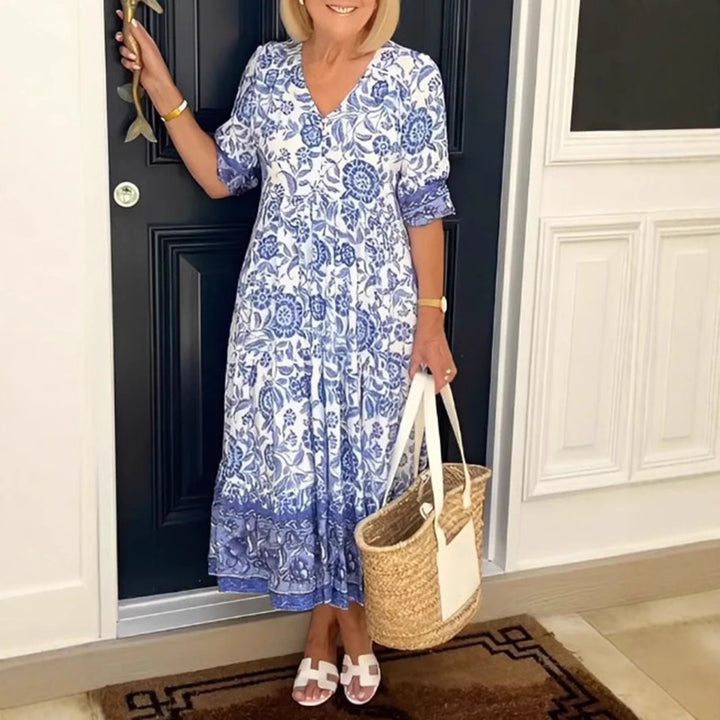 Women's Casual Tiered Midi Dress with V-Neck, Gathered Yoke and Ruffled Hem StylebySassy