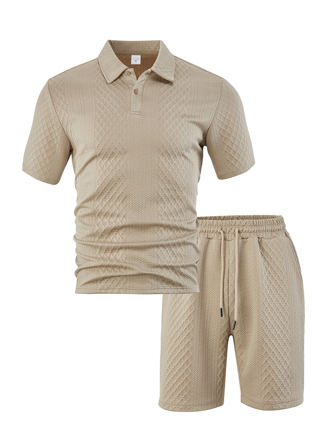 Men's elegant leisure two-piece made of textured knit with polo collar short-sleeve shirt and drawstring Bermuda StylebySassy