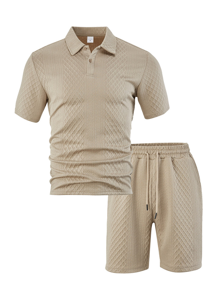 Men's elegant leisure two-piece made of textured knit with polo collar short-sleeve shirt and drawstring Bermuda StylebySassy