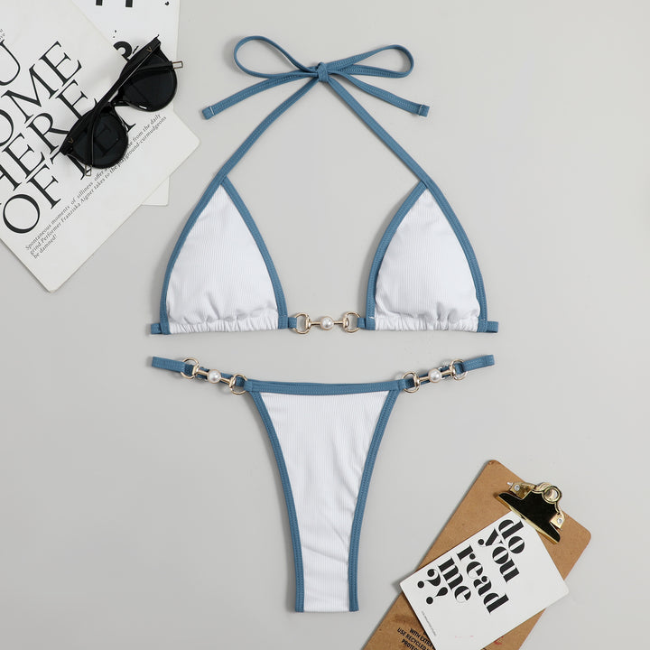 Women's triangle bikini with fashionable ribbed design and decorative elements StylebySassy