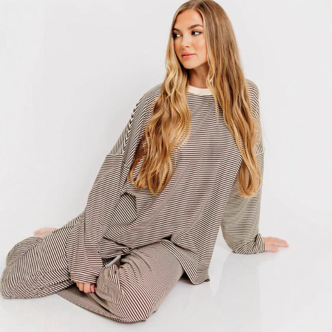 Women's striped comfort set made of fine ribbed jersey with oversized sweater and wide waistband trousers StylebySassy