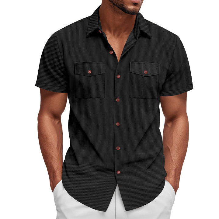 Men's casual short-sleeve shirt with lapel collar, patch flap pockets and fine pinstripe texture StylebySassy