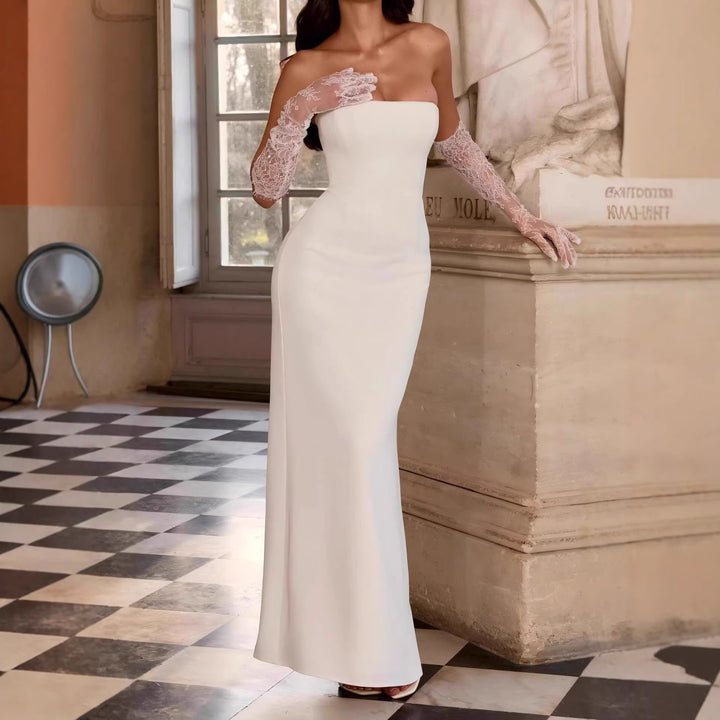 Ladies Elegant Wedding Dress with Off-Shoulder Design and Lace Sleeves StylebySassy