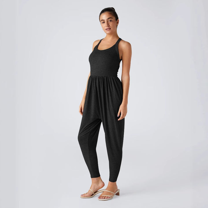 Women's casual jersey jumpsuit with racerback, smocked waist and side pockets StylebySassy
