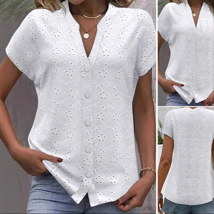 Women's light ajour lace blouse with V-neck, continuous button placket, and rolled short sleeves StylebySassy