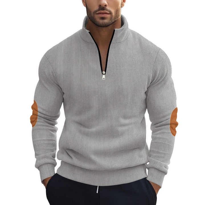 Men's structured cotton knit pullover with half zipper and elbow patches StylebySassy