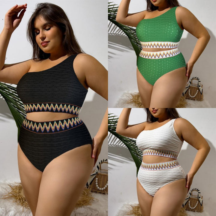 Ladies Sporty Two-Piece Swimsuit with Unique Cut-Out Design and Colorful Banner Pattern StylebySassy