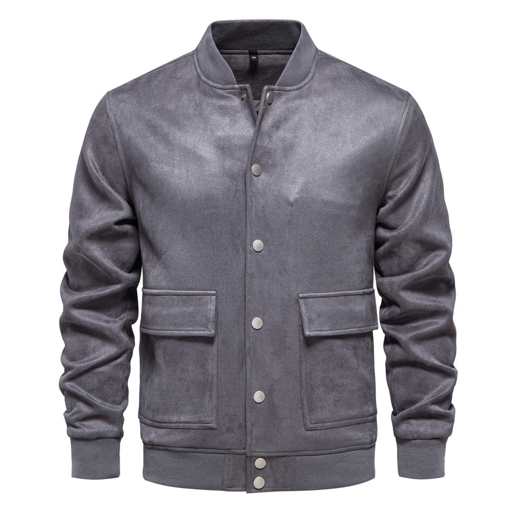 Men's suede-look college jacket with snap button closure, flap pockets and ribbed hem StylebySassy