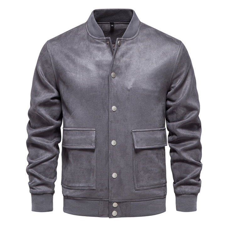 Men's suede-look college jacket with snap button closure, flap pockets and ribbed hem StylebySassy