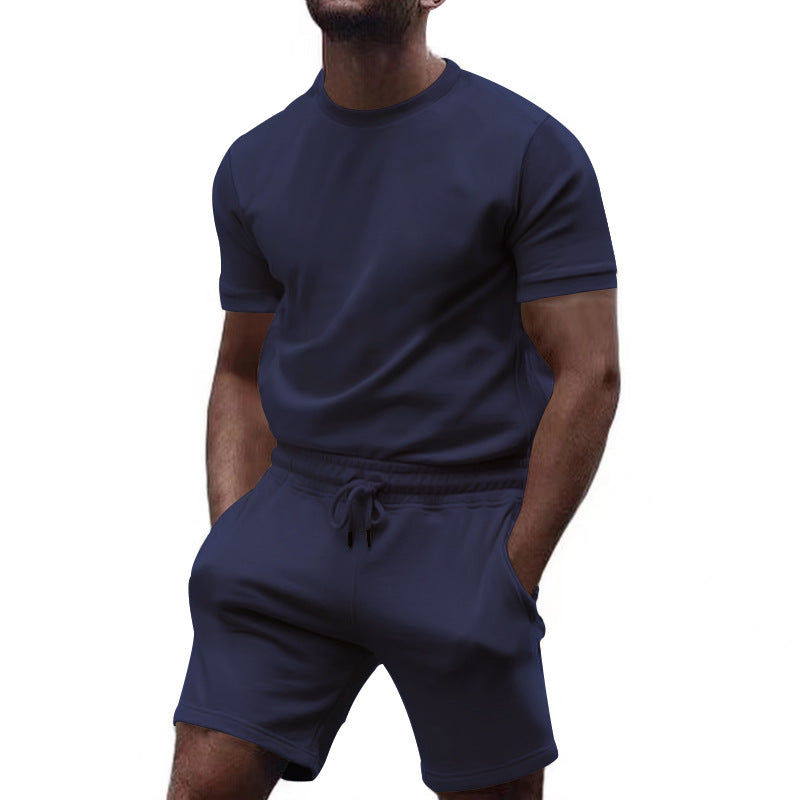 Men's minimalist jersey ensemble with comfortable round neck shirt and elastic drawstring shorts StylebySassy