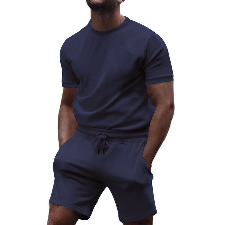 Men's minimalist jersey ensemble with comfortable round neck shirt and elastic drawstring shorts StylebySassy