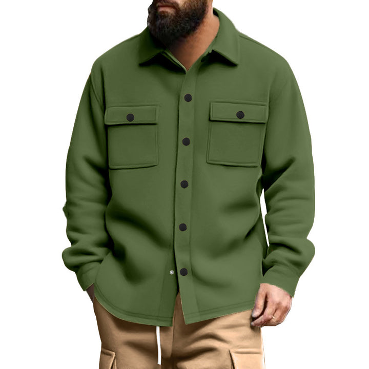 Men's sturdy wool fleece overshirt jacket with patch breast pockets and snap button placket StylebySassy