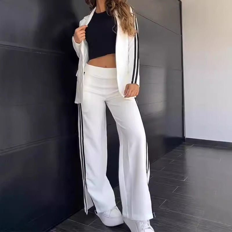 Ladies nan sporty-elegant two-piece blazer set with fitted blazer and wide jogging pants cut with side stripes StylebySassy