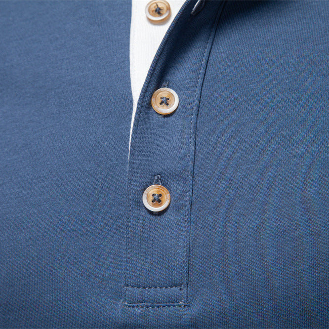 Men's navy cotton long-sleeve shirt with short button placket and stand collar StylebySassy