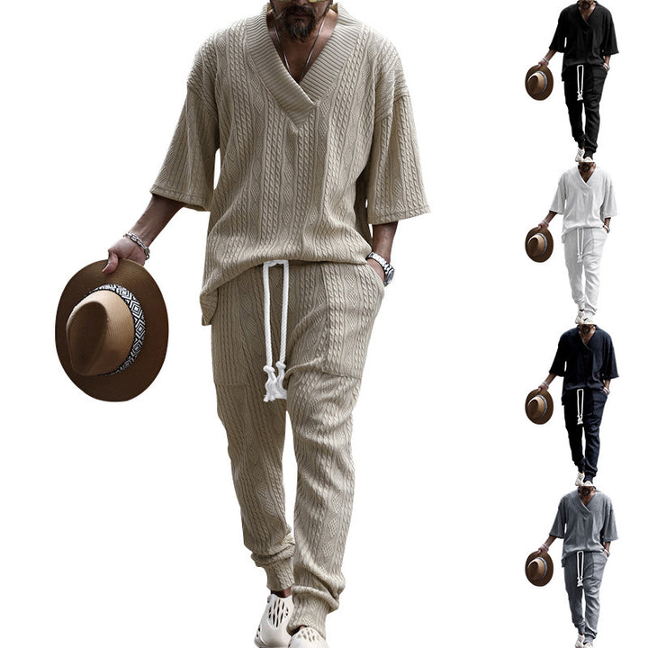 Men's casual knit set with V-neck and drawstring jogger pants StylebySassy