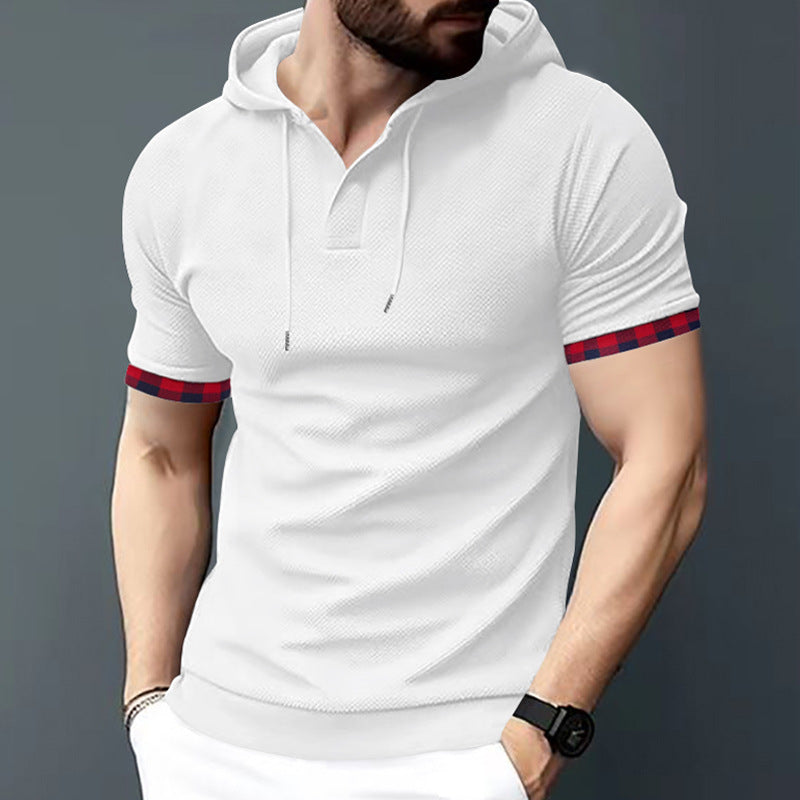 Men's fitted short sleeve hooded polo shirt with Henley placket and drawstring StylebySassy