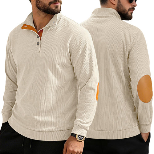 Men's fine ribbed knitted pullover with polo collar button placket and elbow patch StylebySassy