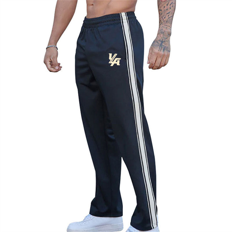 Men's straight-cut training pants with elastic comfort waistband, side double stripe, and thigh logo print StylebySassy
