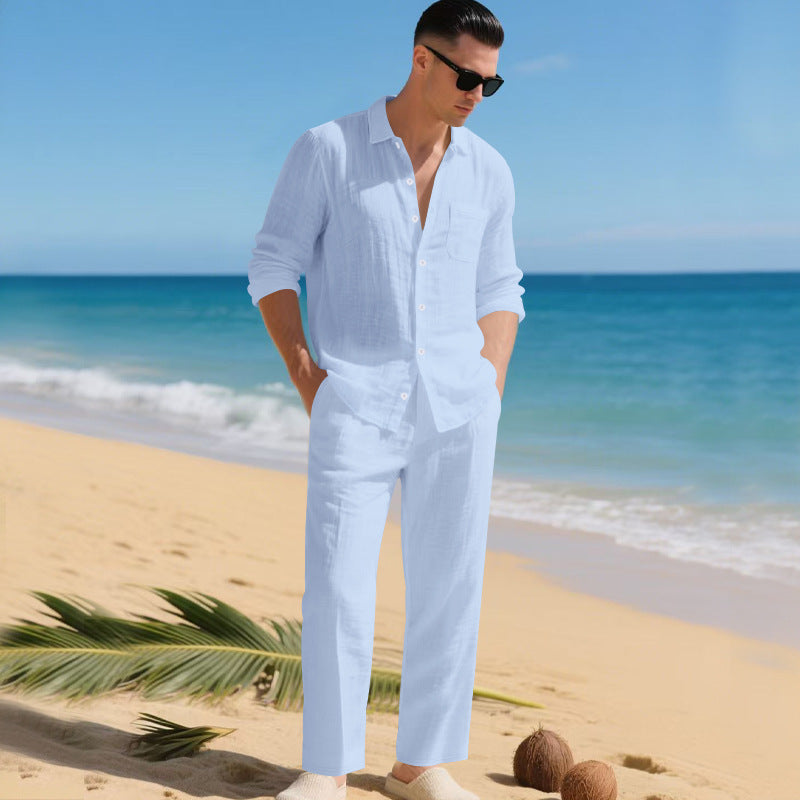 Men's lightweight linen outfit with stylish shirt and elegant pants StylebySassy