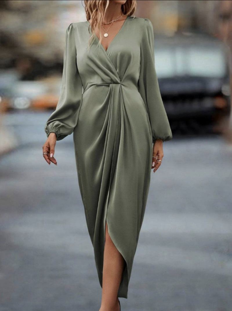 Ladies draped satin midi dress with knot detail, V-neck and balloon sleeves StylebySassy