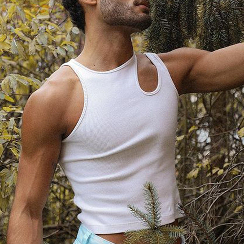 Men's body-hugging tank top with one-sided shoulder cut-out and fine ribbed texture StylebySassy