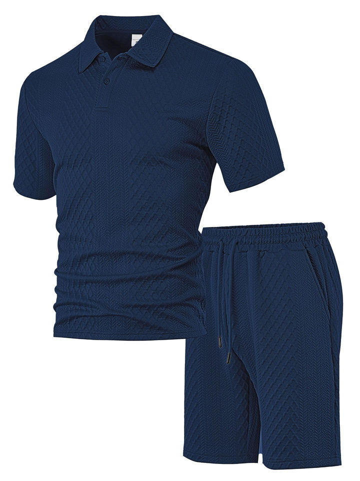 Men's embossed waffle polo with Kent collar and elastic drawstring shorts set StylebySassy