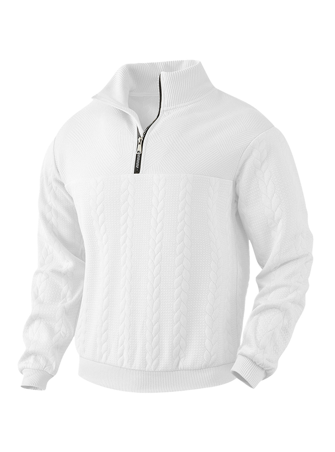 Men's textured knit sweater with half zip, braided cable pattern, and high stand-up collar StylebySassy