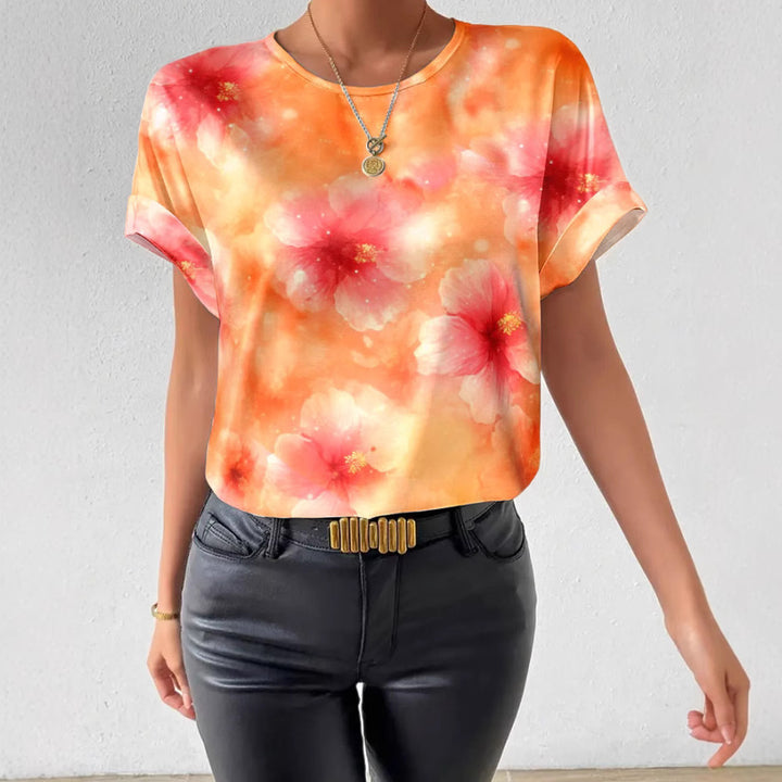 Women's loose short blouse shirt in silky look with watercolor flower print and rolled-up sleeves StylebySassy