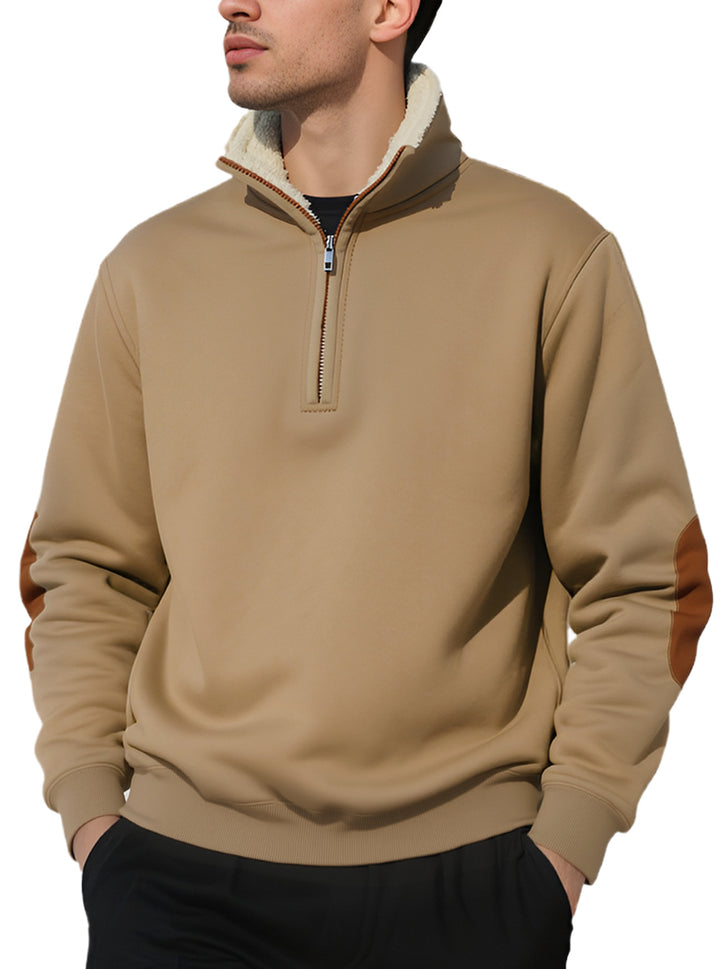 Men's nano lightweight half-zip sweatshirt with sherpa lined stand-up collar and faux leather elbow patch StylebySassy