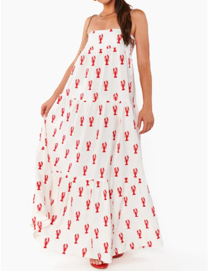 Women's strapless bandeau maxi dress with tiered ruffle skirt and maritime lobster motif StylebySassy