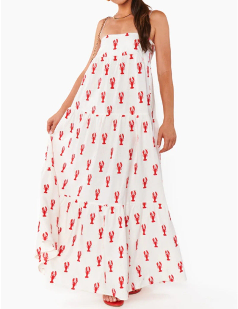 Women’s strapless tiered maxi dress with bandeau top loose A-line and maritime lobster print StylebySassy