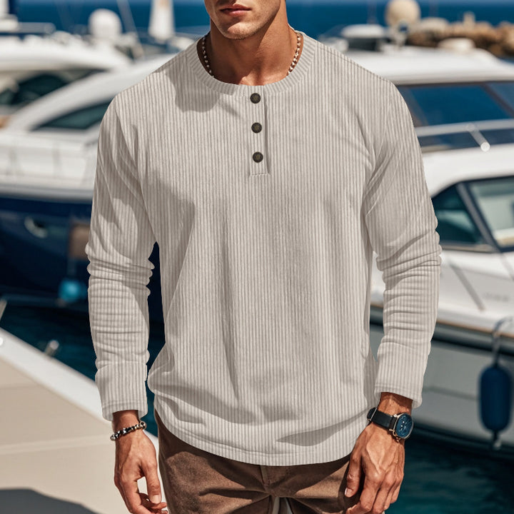 Men's ribbed long-sleeve Henley shirt with stand-up collar and concealed placket made of breathable jersey StylebySassy