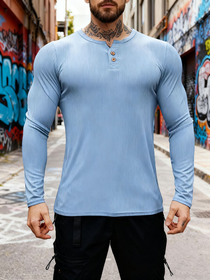 Men's ribbed long-sleeve Henley shirt with flat button placket and fitted stretch fit StylebySassy