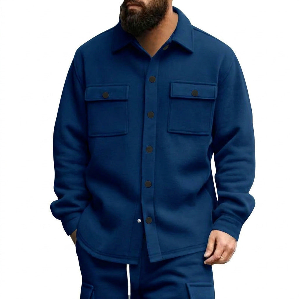 Men's sturdy wool fleece overshirt jacket with patch breast pockets and snap button placket StylebySassy