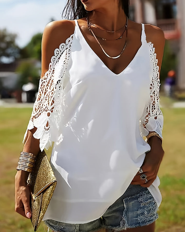 Women's off-the-shoulder spaghetti strap top with crocheted lace sleeves and V-neck StylebySassy