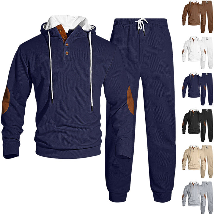 Men's waffle structure Henley hoodie set with wooden button placket elbow patches and tapered joggers StylebySassy