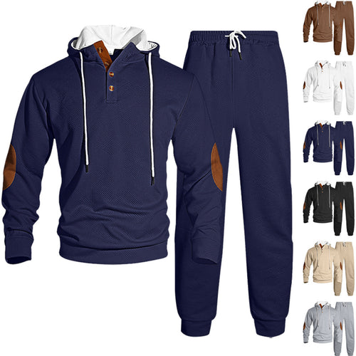 Men's waffle structure Henley hoodie set with wooden button placket elbow patches and tapered joggers StylebySassy